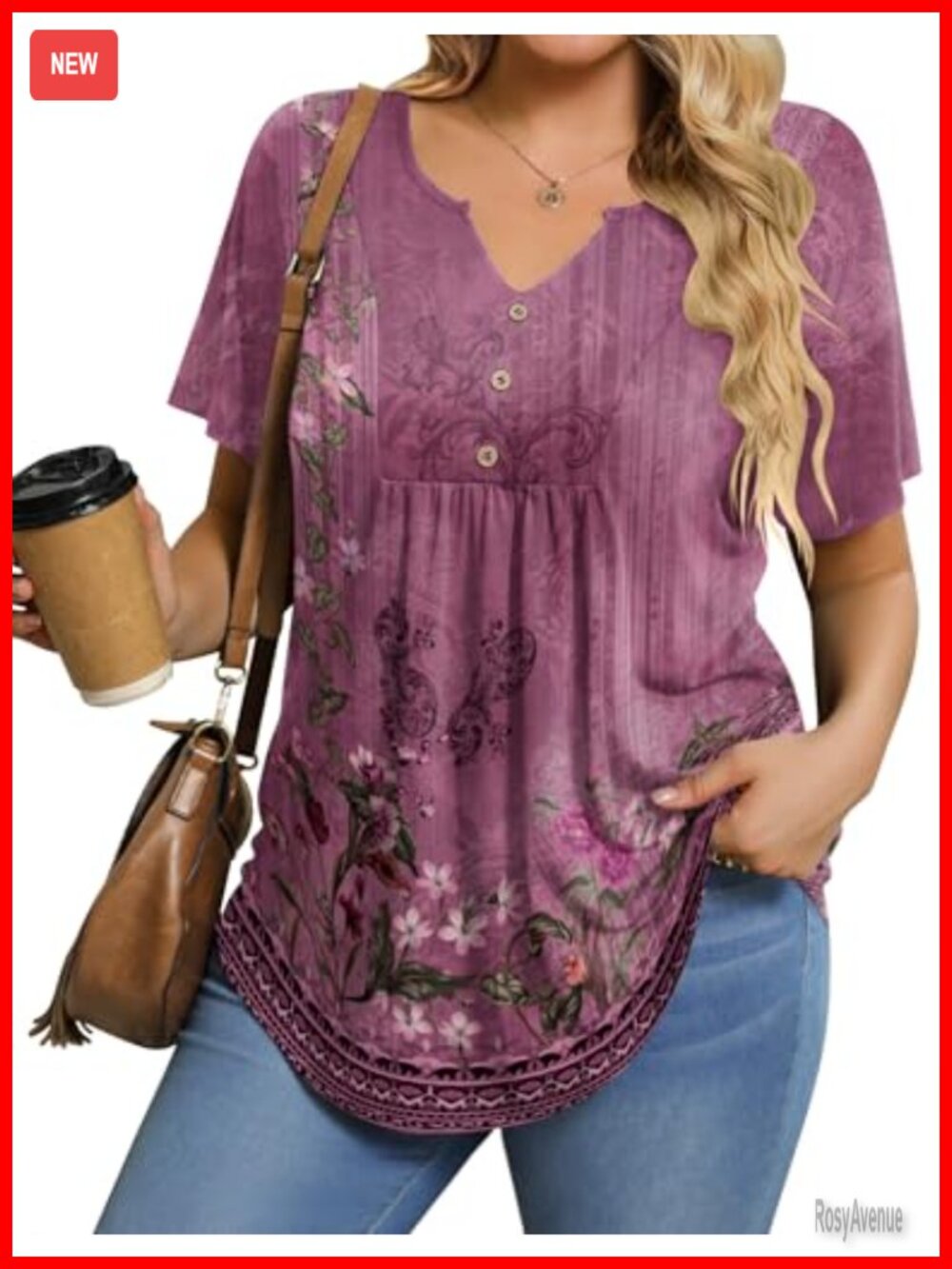 Plus Size Tunic Top Short Sleeve V-Neck Floral Blouse